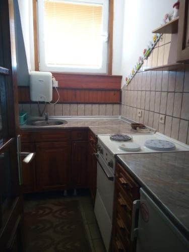 a kitchen with a stove and a sink and a window at Apartmani Lucky in Vrnjačka Banja