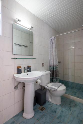a bathroom with a sink and a toilet and a mirror at Sandy Steps Beachfront Apartments in Malia