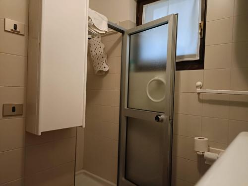 a shower with a glass door in a bathroom at Mountain Haven Free parking in Temù
