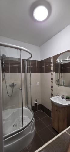 a bathroom with a shower and a tub and a sink at Apartmán STATION Vrútky centrum in Vrútky