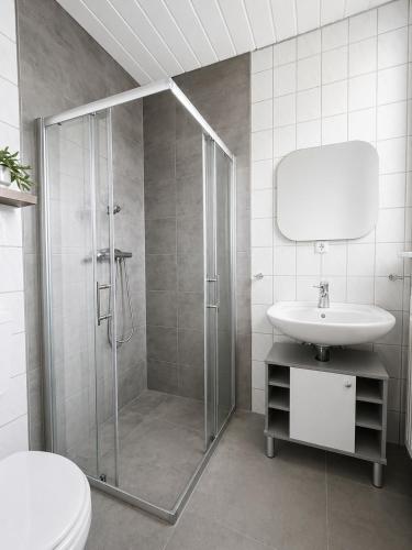a bathroom with a shower and a sink at Pension Pohl in Wenden