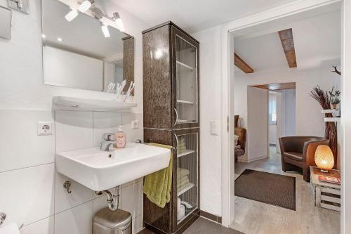 a bathroom with a sink and a mirror at Ferienwohnungen Knodel in Sachsenheim