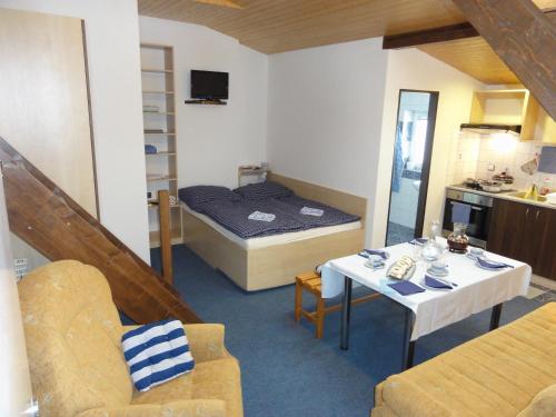 a small living room with a bed and a table at Apartmány Kuřátko in Benecko