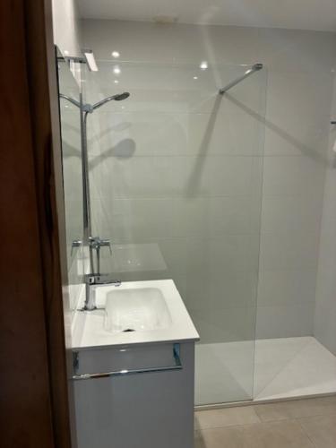 a bathroom with a sink and a glass shower at Apartamentos Torrelaguna in Vera