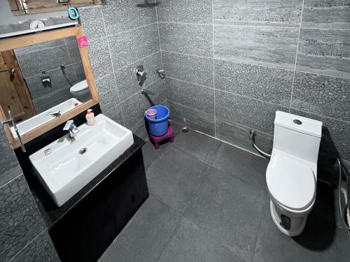 a bathroom with a white toilet and a sink at Hotel DE Suzain-Leh in Leh