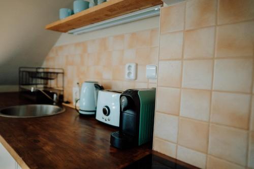 a kitchen with a counter with a coffee maker at Apartmán U Mluvících Kamenů in Staré Křečany