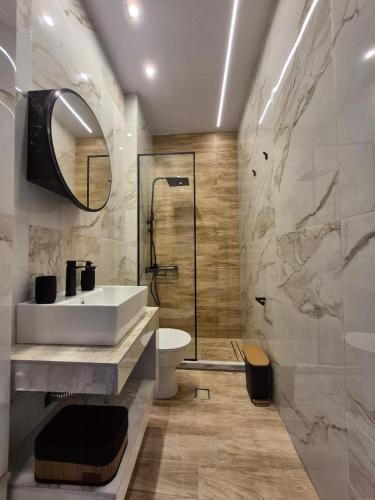 a bathroom with a sink and a toilet and a shower at 5 Suites Αγιόκαμπος Αγιάς in Agiokampos