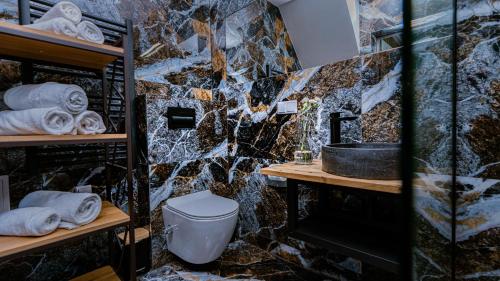 a bathroom with a sink and a toilet and towels at Leśne Szepty Resort in Zebrzydów