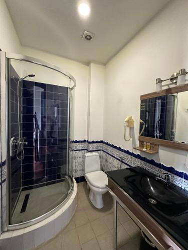 a bathroom with a shower and a toilet and a sink at Hotel Cash in Tbilisi City