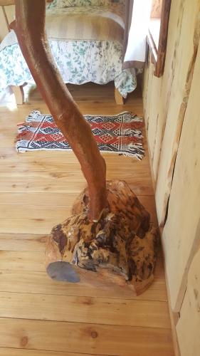 a large log on the floor of a room at Vientos de Chauquen in Panguipulli