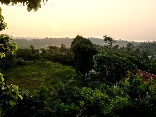 a view of a field with trees and the sunset at Lara's place in Unawatuna