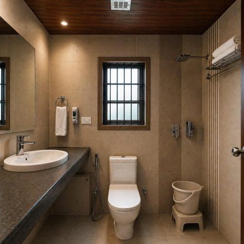 a bathroom with a toilet and a sink at Hotel Aachman Regency with Rooftop Terrace in Shimla