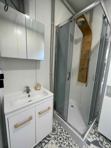 a bathroom with a sink and a shower at Surf Osada, komfortowe domki w kameralnej okolicy nad samym brzegiem Zatoki Puckiej in Swarzewo