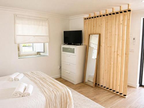 a bedroom with a bed and a tv and a mirror at Modern Studio with Private Patio near Cascais & Sintra in Alcabideche