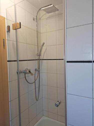 a bathroom with a shower with a glass door at Fewo Holtwicker Ei in Rosendahl