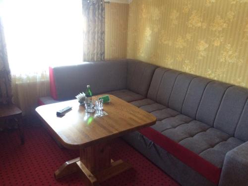 a couch and a table in a room at Chagari Hotel in Lypnyky