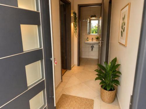 a hallway with a bathroom with a sink and a plant at Pension Sara in Magdeburg