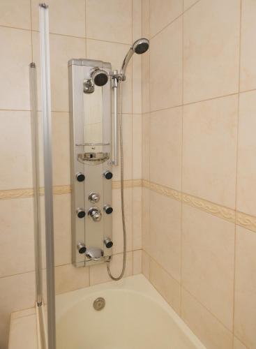 a shower with a shower head in a bathroom at Refugio do Couto in Cabeceiras de Basto