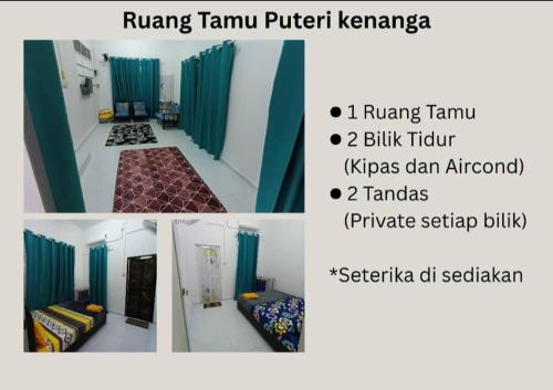 a collage of three pictures of a room at Homestay Puteri D'Durian Guling in Bukit Payong