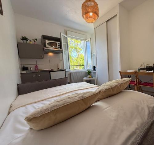 a bedroom with a bed with a pillow on it at Studio cosy parking in Margny-lès-Compiègne