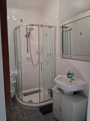 a bathroom with a shower and a sink at DRIFTWOOD coastal holiday flat - newly refurbished with 2 bedrooms in Largs
