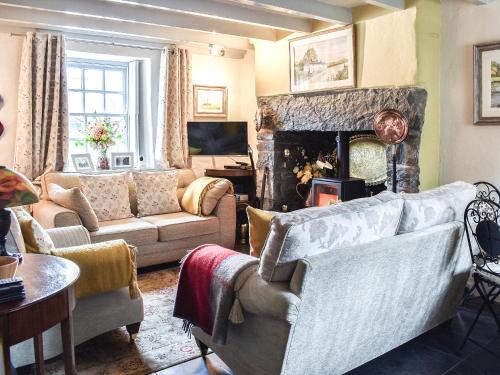 a living room with a couch and a fireplace at Summerhill Tanyrhos in Blaenau-Ffestiniog