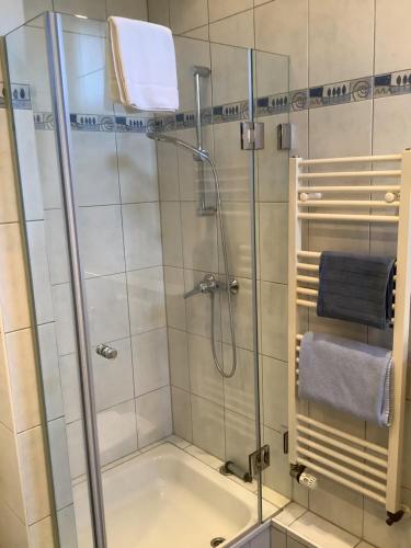 a bathroom with a shower with a glass door at Ruhrpott Liebe in Herten
