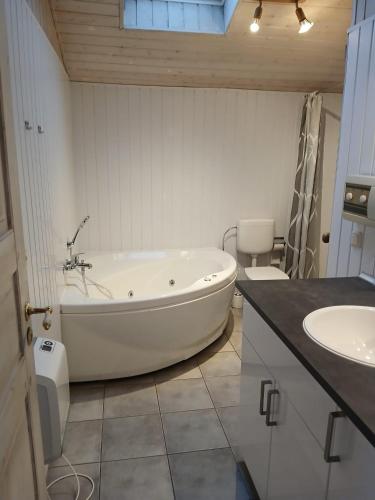 a bathroom with a white tub and a sink at Seeschwalbe 11 in Mirow