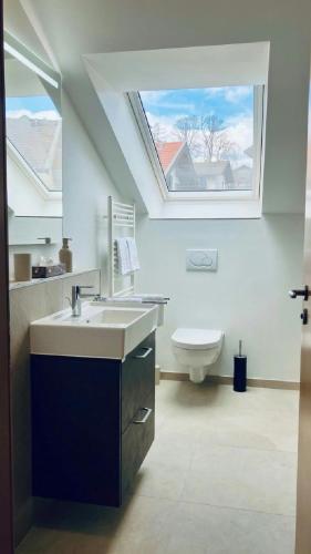a bathroom with a sink and a toilet with a window at FeWo Alpenglühen in Gmund am Tegernsee