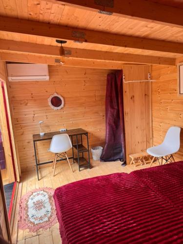 a bedroom with a bed and a desk in a room at Finca El Escondite in Olocau