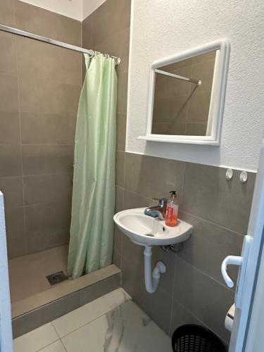 a bathroom with a sink and a shower with a mirror at Garden studio apartmans in Dobra Voda