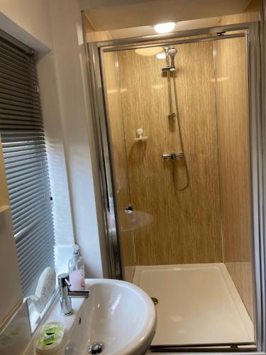 a bathroom with a shower and a sink at Gallowgate Square Apartments in Largs