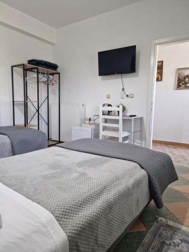 a bedroom with a bed and a table and a television at Guest House KrisHen in Përmet