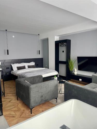 a bedroom with a bed and a couch and a tub at XIX Boutique Apartment in Skopje