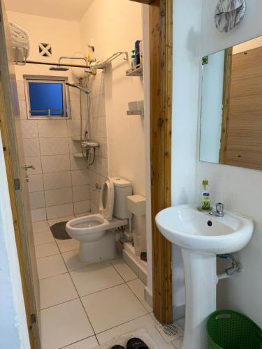 a bathroom with a toilet and a sink at Stylish 2BR Pool, Gym Garden in Mombasa