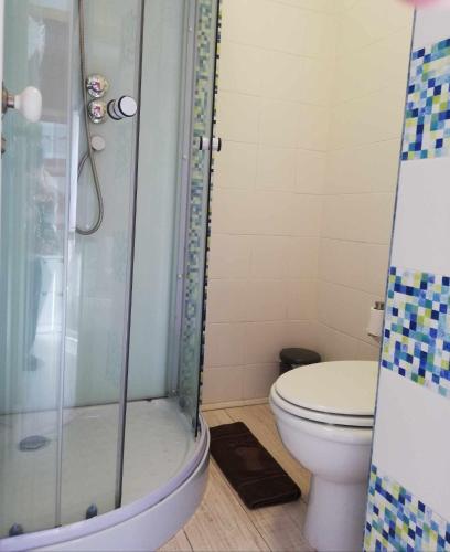 a bathroom with a toilet and a glass shower at Legendary Bay - Suíte Temática in Seixal