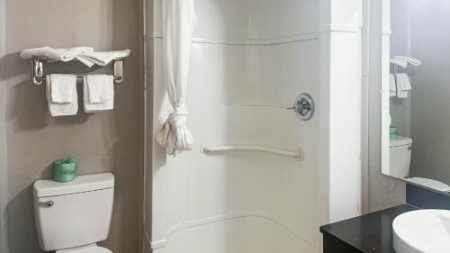 a bathroom with a shower with a toilet and a sink at Motel 6 - Pecos, TX in Pecos