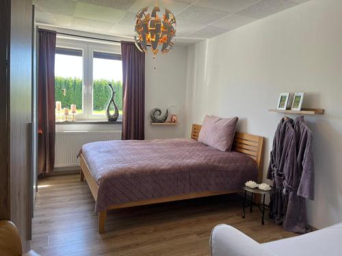 a bedroom with a bed and a window and a chandelier at Hochsitz Appartement in Seelitz