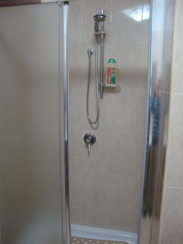 a shower with a glass door and a bottle of shampoo at La Villa Bianca in Lama