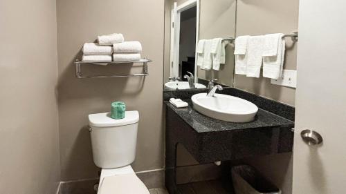 a bathroom with a toilet and a sink and a mirror at Studio 6 Greenville, SC in Greenville