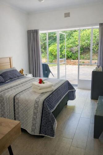 a bedroom with a bed and a large window at Bushwillows B&B in Rustenburg