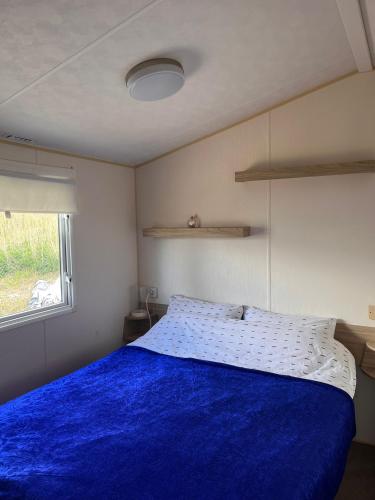 a bedroom with a blue bed and a window at Maison de Lucie à Tholen in Poortvliet