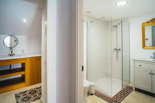 a bathroom with a shower and a toilet and a sink at La Casa del Boticario in Alcalá del Júcar