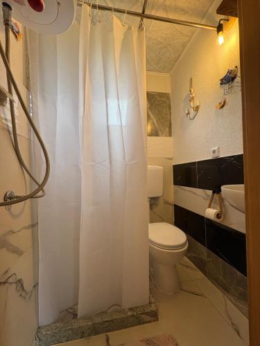 ein Badezimmer mit weißem Duschvorhang und Toilette in der Unterkunft Vikendica Harbaš in Cazin