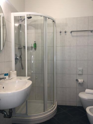 a bathroom with a shower and a sink and a toilet at Baia Blu RTA Residence in Lerici