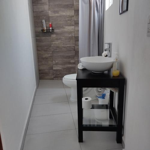 a bathroom with a sink and a toilet at Suites Casa Blanca Metepec in Toluca
