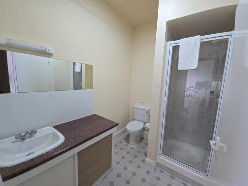 a bathroom with a shower and a sink and a toilet at Villa Nova in Saint Helier Jersey