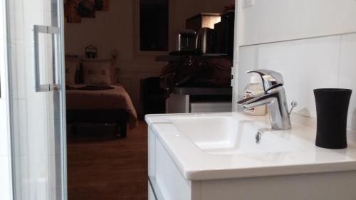 a white sink in a kitchen with a room at Le Cosy Musette - Rue Piétonne in Dijon