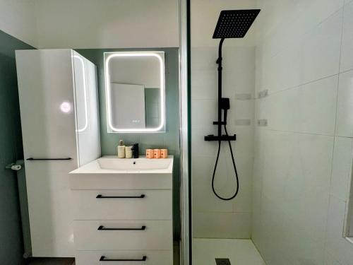 a bathroom with a sink and a shower with a mirror at Évasion azuréenne - balcon, confort à Nice in Nice