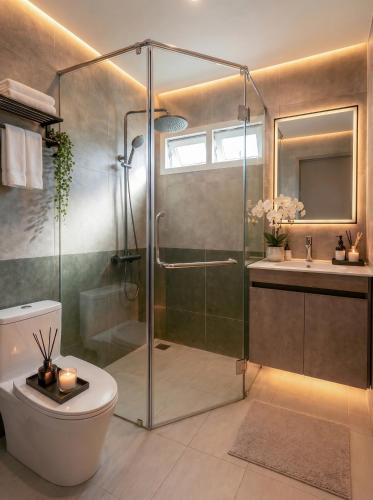 a bathroom with a shower and a toilet and a sink at Soléa Boutique Hotel & Spa By Sol in Ho Chi Minh City